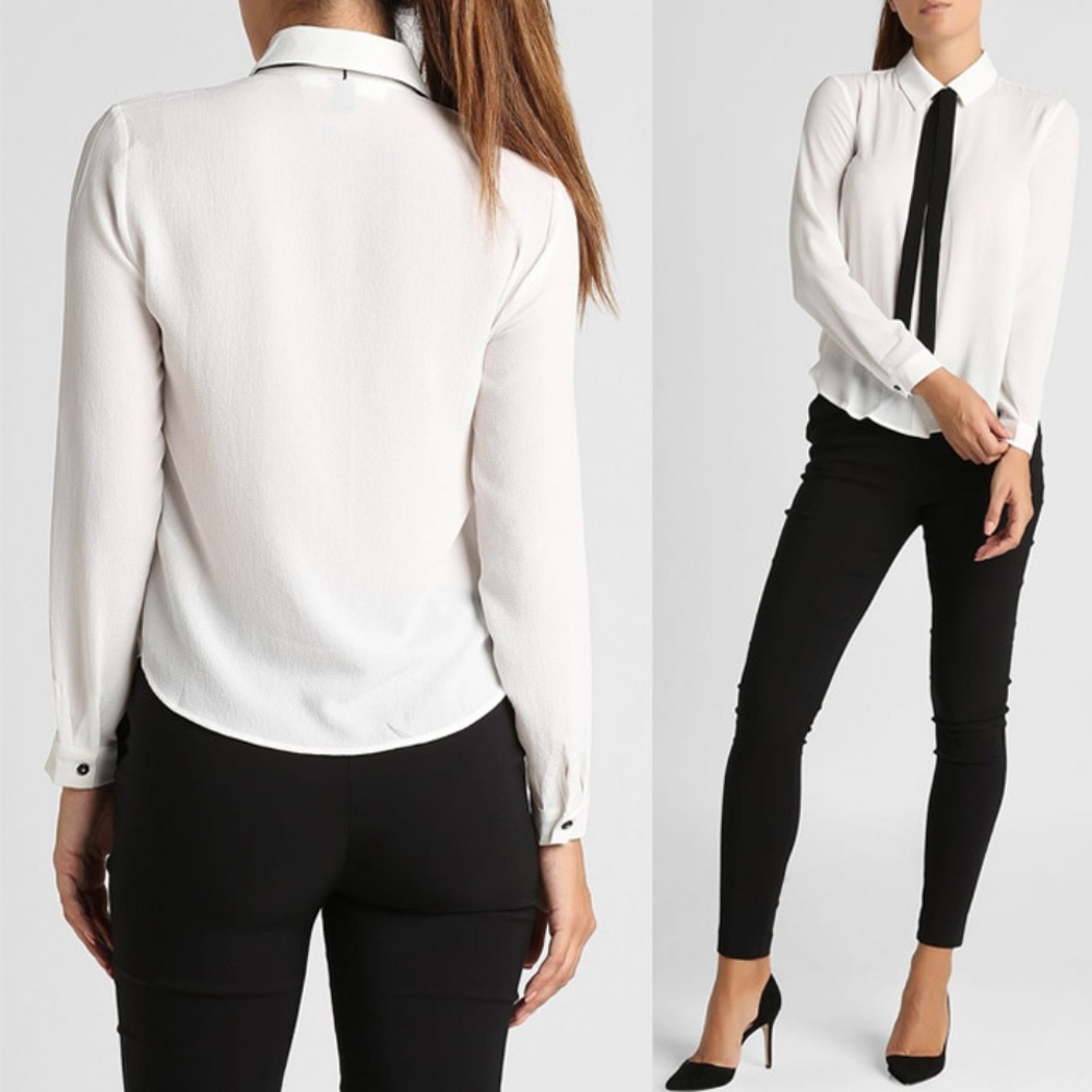 Off White Bow Tie Button Shirt Chiffon Blouse Top - Picture 6 of 8